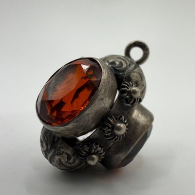 Ornate Fob Charm 800 Silver Amber Color Glass Accent Etruscan Style ER76