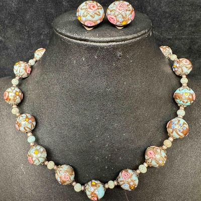 Murano Venetian Lamp Work Glass Light Blue Copper Accent Beaded Necklace and Earrings Set F18