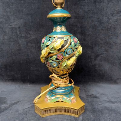 Vintage Roses Green Bedside Table Lamp Antique Metal Base for Repair Rewire