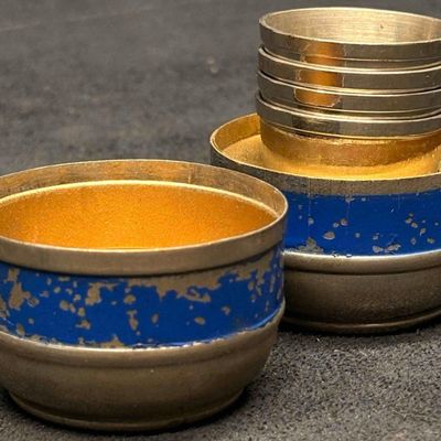 Sale Photo Thumbnail #1181: Mid Century 5pc Metal Silver and Blue Portable Nesting Shot Cups