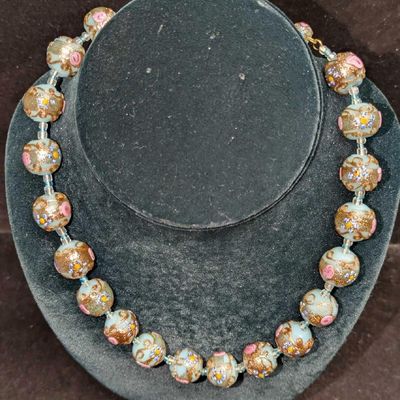 Vintage Italian Murano Blue And Gold Art Glass Bead Necklace DDDD
