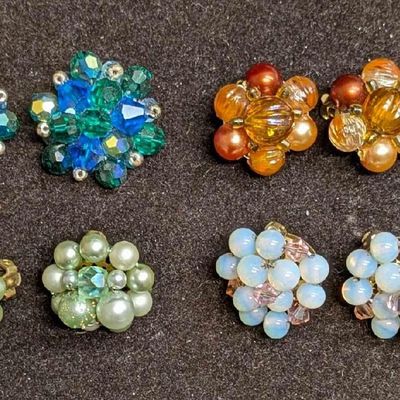 Sale Photo Thumbnail #1223: Vintage Beaded Japanese Hong Kong Clip On Earrings Lot Of 4