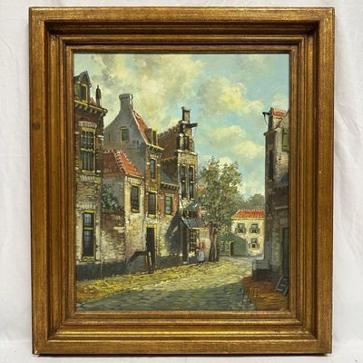 Signed Muliler European Street Scene Oil Painting Framed