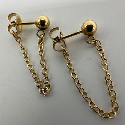 14K Gold Ball Stud Front to Back Chain Dangle Earrings W45