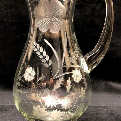 Vintage MCM Etched Glass Pitcher - Wheat & Floral