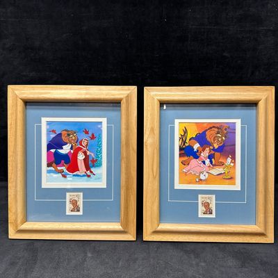 Sale Photo Thumbnail #1056: Pair of Framed Disney Beauty and The Beast Animation Art Prints with Walt Disney 6 Cent Stamps
