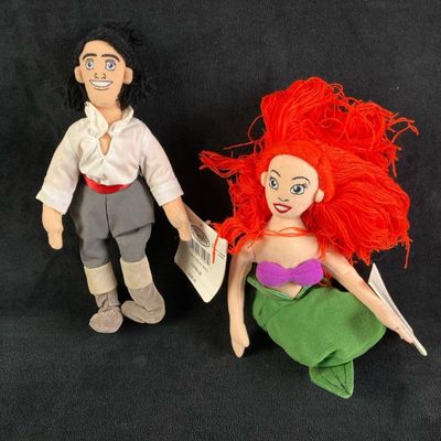 Sale Photo Thumbnail #1168: Set of (2) Disney Plush Bean Bag Dolls Ariel and Eric The Little Mermaid  Set #2