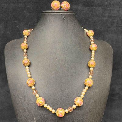 Venetian Murano Art Glass Lamp Work Creme Beaded Necklace and Round Fiorato Earrings Set E6