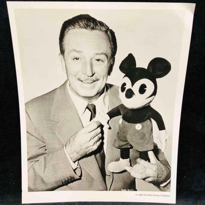 Best Buddies Black & White Photograph Of Walt Disney & One Of The Very First Mickey Dolls