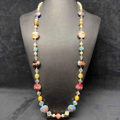 Sale Photo Thumbnail #1054: Murano Venetian Art Glass Lamp Work Bead Multi Colored Beaded Pearl Copper Accents Long Necklace C8