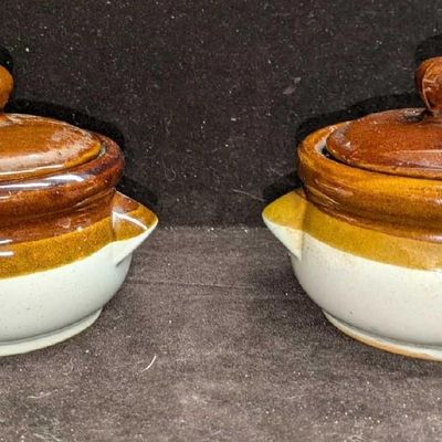 2 Vintage Stoneware Tan And Brown Bean Pots B
