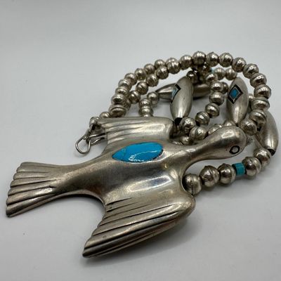 Native American Style Silver Turquoise Inlay Beaded Thunderbird Necklace