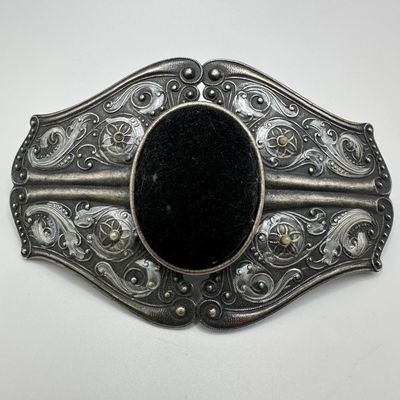 Large Ornate French Repousse Silver Hair Barrette Black Felt Cabochon