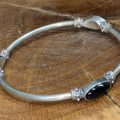 Vintage Designer FAS Sterling Silver Bangle Bracelet Onyx