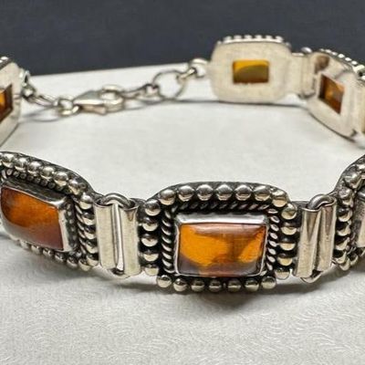 Sale Photo Thumbnail #1013: Sterling Amber Cabochon Bracelet