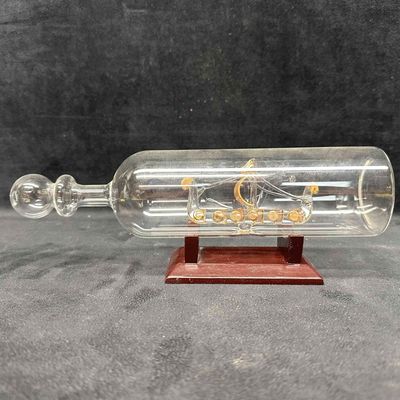 Intricate Art Glass Ship in a Bottle with Wood Stand
