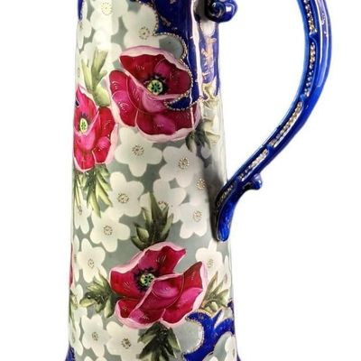 Antique Victorian Ewer Water Pitcher Cobalt Blue With Flowers