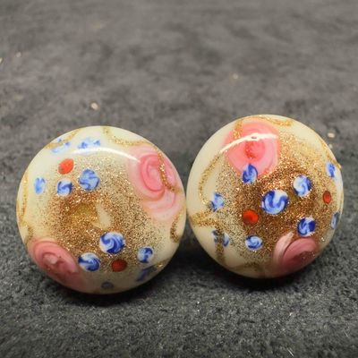 Murano Venetian Art Glass Lamp Work White Copper Accents Blue Pink Floral Circle Bead Earrings F40