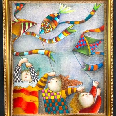 J. Roybal Kids Flying Kites Print On Canvas