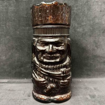 Native American Chief Brown Amber Glass Jar Tobacco Humidor Canister Indian with Lid