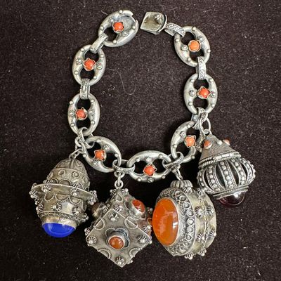 Four Ornate Filigree Charm Bracelet 800 Silver Etruscan Revival Style R17