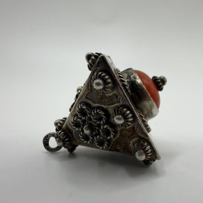 Ornate Floral Fob Charm 800 Silver Coral Accent Etruscan Style ER75