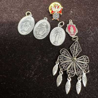 Group of Religious Medals Lapel Pin and Filigree Pendant Set