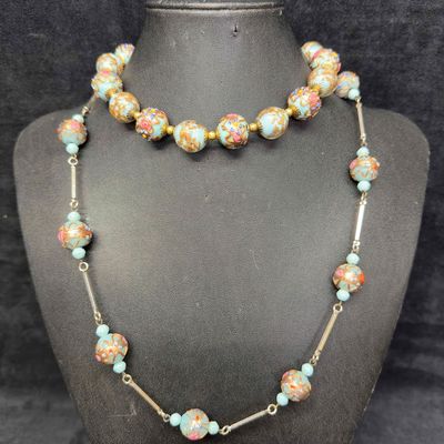 Murano Venetian Lamp Work Glass Fiorato Light Blue Round Bead Necklace Set Floral Necklaces A23