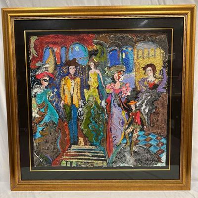 Sale Photo Thumbnail #1246: Jane Bazinet Mixed Media Collage Art Painting Colorful Mardi Gras Large Gold Frame