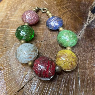 Venetian Murano Lamp Work Glass Multi Colored Round Circle Bead Beaded Bracelet A18