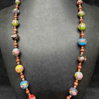 Murano Venetian Lamp Work Art Glass Multi Colored Floral Copper Design Round Bead Long Necklace F3