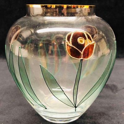 Crystal Clear Roses Floral Vase With Gold Trim