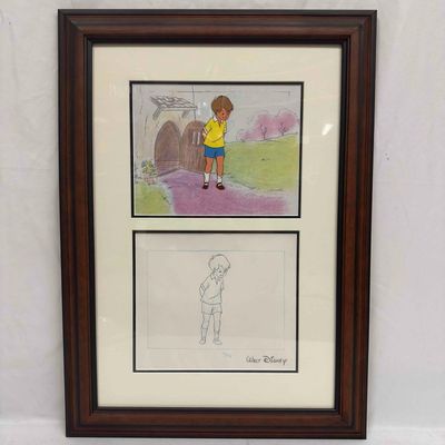 Sale Photo Thumbnail #1123: Walt Disney Studios Winnie The Pooh Ponder Christopher Robin Production Cel Sketch Drawing Framed