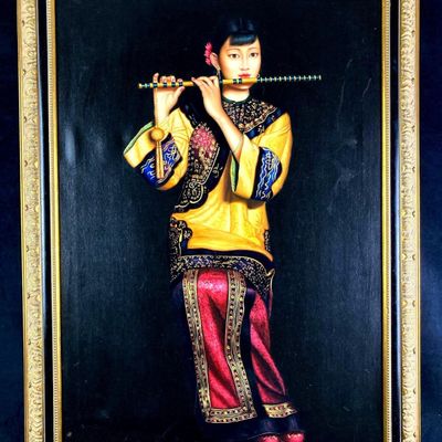 Chinese Woman Playing Flute Liu Chun Jian Canvas Print Reproduction