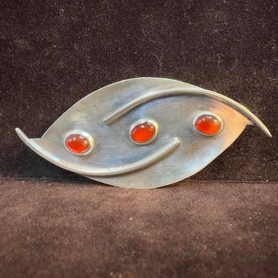 Sale Photo Thumbnail #1060: SK Sterling Silver Carnelian Three Cabochon Brooch