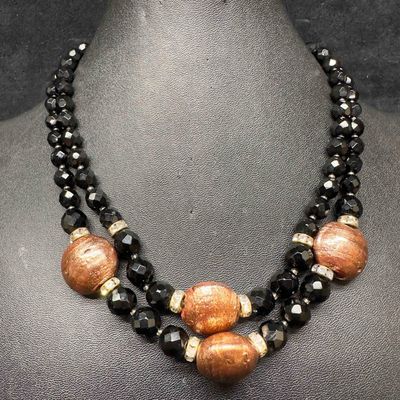Sale Photo Thumbnail #1026: Murano Venetian Lamp Work Art Glass Copper Colored Black Bead Accent Double Layered Necklace H1