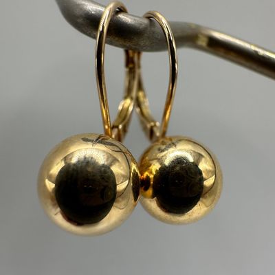 Gold Ball Stud Leverback Dangle Earrings 14K EG