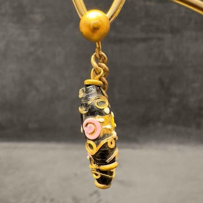 Murano Venetian Art Glass Lamp Work Black Floral Gold Toned Bead Dangle Drop Earrings F24