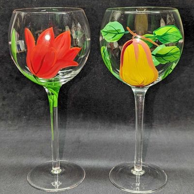 2 Tall Stem Hand Painted Fruit Flowers Wine Glasses