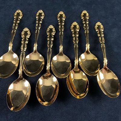 Sale Photo Thumbnail #1207: Vintage Community Gold Electroplated Soup Spoons Flatware Cutlery Holiday Fine Dining