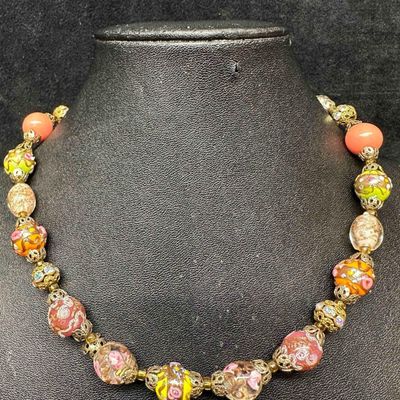 Murano Venetian Lamp Work Art Glass Multi Colored Floral Copper Design Beaded Necklace F2