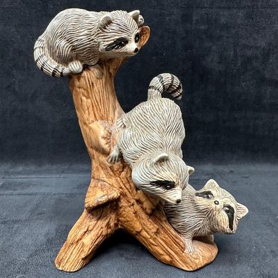Ceramic Raccoon Family Figurine in Hollow Tree Form Sculpture