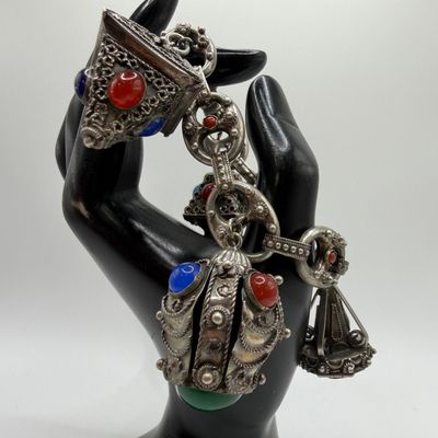 Etruscan Revival Style Fob Charm Faux and Natural Stone 800 Silver Bracelet ER74