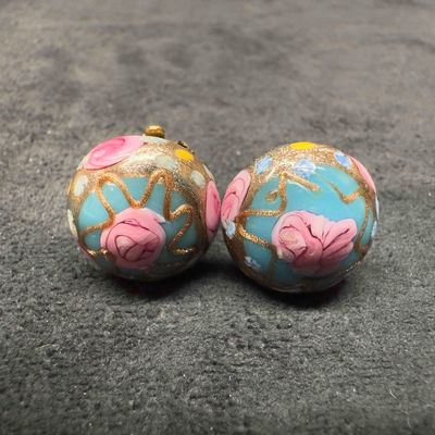 Murano Venetian Art Glass Lamp Work Blue Pink Flower Copper Accents Circle Bead Earrings F39