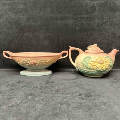 Hull Art Bowl Center Piece and Teapot Magnolia Crafts Pottery Arts Set