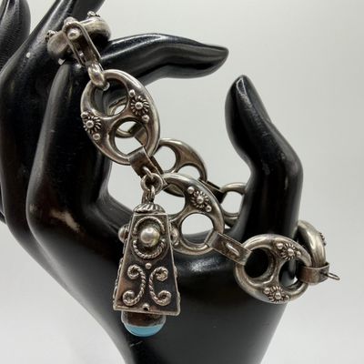 Etruscan Revival Style Single Fob Charm Sterling Silver Bracelet ER72