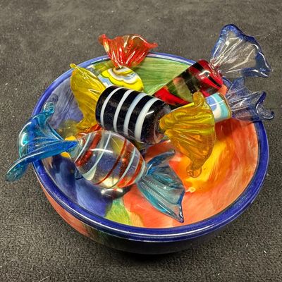 Hand Blown Art Glass Assorted Murano Style Glass Candy Figurines and Porcelain Bowl