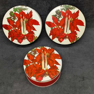 3 Vintage Christmas Poinsettias Candles Round Tins