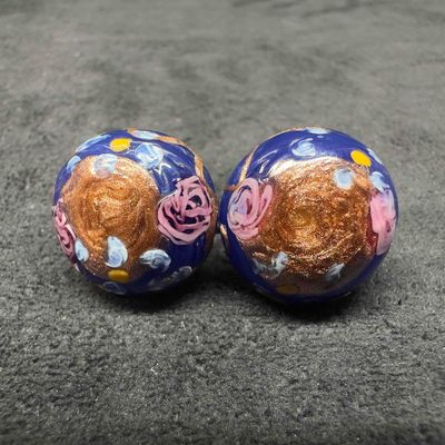 Murano Venetian Art Glass Lamp Work Dark Blue Floral Copper Accents Circle Bead Earrings F35