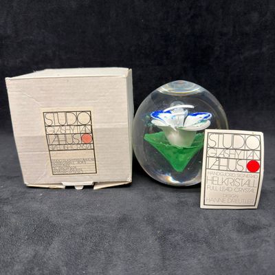 Studio Ahus Sweden Art Glass Paperweight Floral Abstract White Blue Green Flower ER62